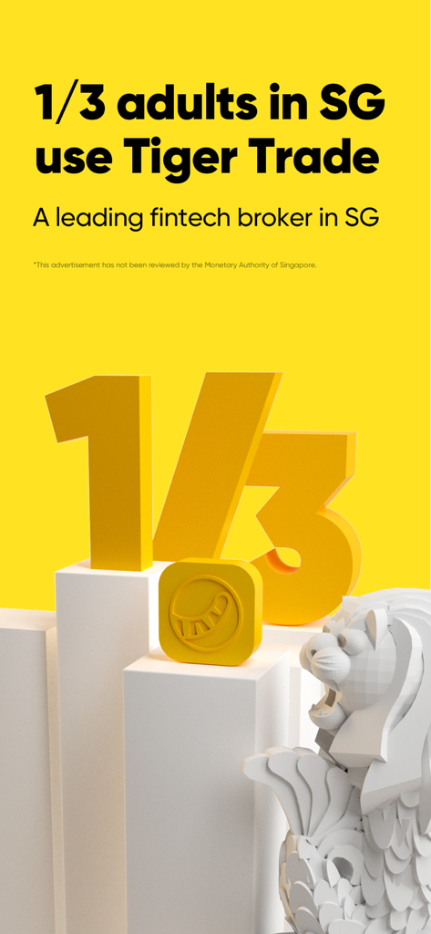 Tiger Trade: Invest Globally - Advertisement showing Tiger Trade market leadership with one third of adults in Singapore using the app