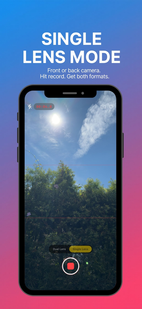 DualShot Recorder - Interfaz de la aplicación Grabadora DualShot mostrando el modo de lente única para capturar formatos de vídeo vertical y horizontal en una sola toma