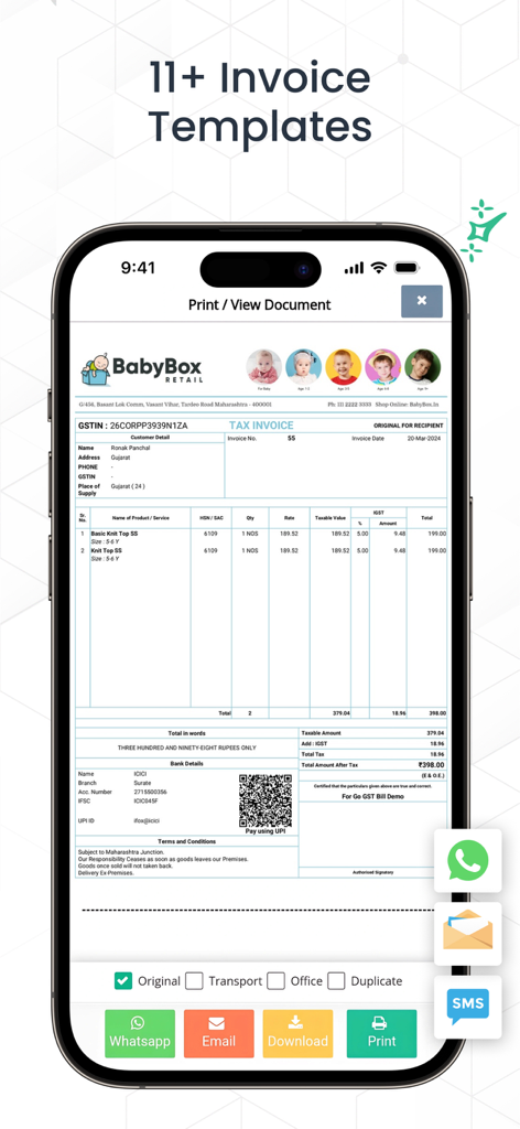 Go GST Bill - A mobile phone screen showing a professional GST tax invoice template with a UPI payment QR code and sharing options