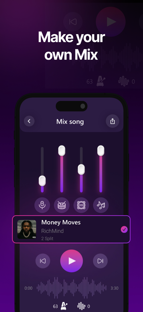 Vocal Remover: Music Separator - Mobile app screen showing sliders to adjust and mix separate music stems like vocals and drums