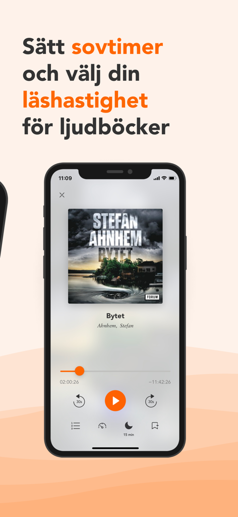 Bokus Reader app interface showing an audiobook player with playback controls, sleep timer, and speed settings.