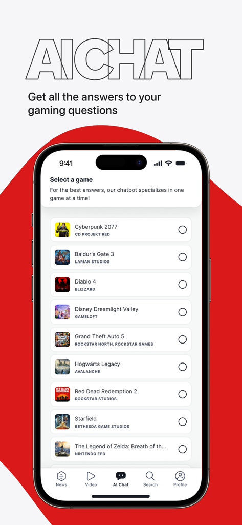 Interfaz de la aplicación IGN que muestra la función de chat de IA con una selección de videojuegos populares para obtener respuestas sobre juegos