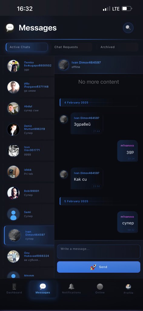 ChatNet App - ChatNet mobile app screen showing the messages interface with a list of active chats and an open conversation