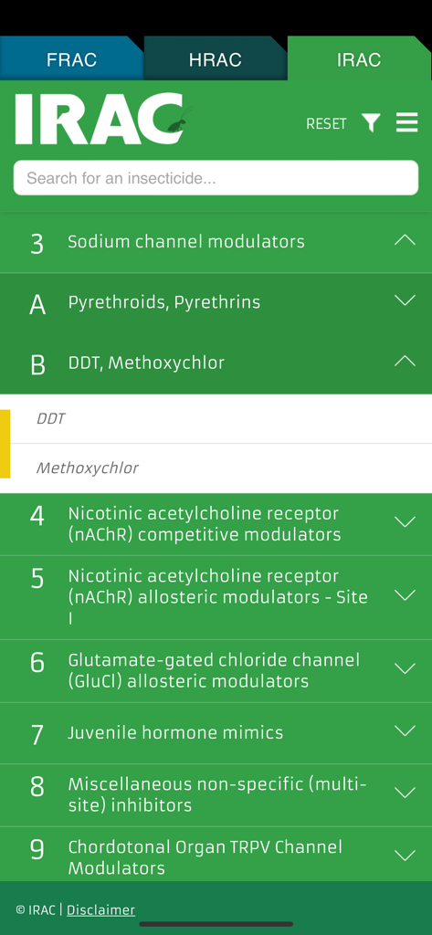 Global Resistance Management - グローバル抵抗性管理アプリのIRACタブが表示され、殺虫剤作用性グループと化学系統のリストが表示されているスクリーンショット