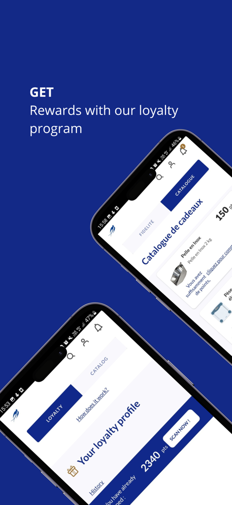 Lesaffre and Me app loyalty program screens showing reward points and gift catalog