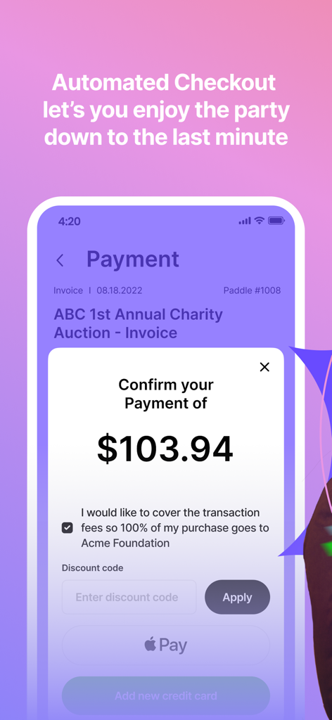 Handbid - Handbid mobile app screen for automated checkout and charity auction payment using Apple Pay