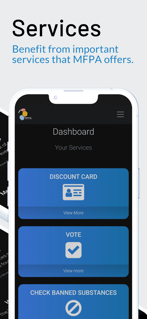 MFPA - Dashboard dell'app MFPA che mostra servizi per giocatori come tesserino scontato e controllo sostanze dopanti.