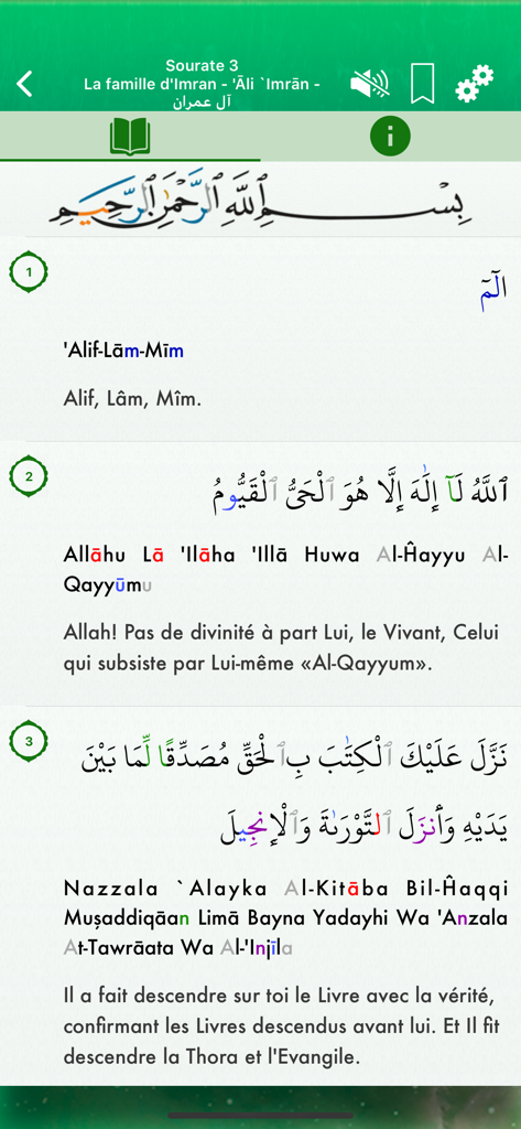 Interfaz de lectura de la aplicación Corán Audio mp3 Pro que muestra la sura Al-Imran con texto árabe, transcripción fonética y traducción al francés