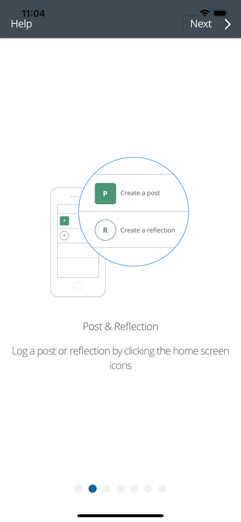 PebblePocket app help screen showing how to create a post or reflection using home screen icons.