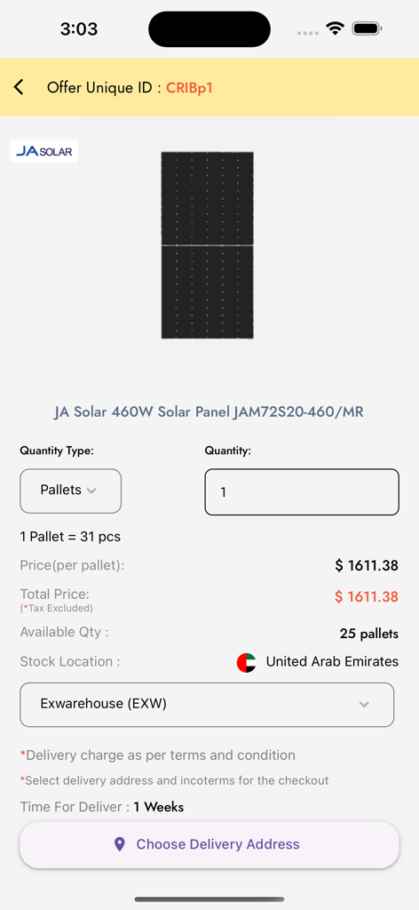 A B2B product listing for JA Solar 460W panels on the pvmarket app showing bulk pricing and shipping options