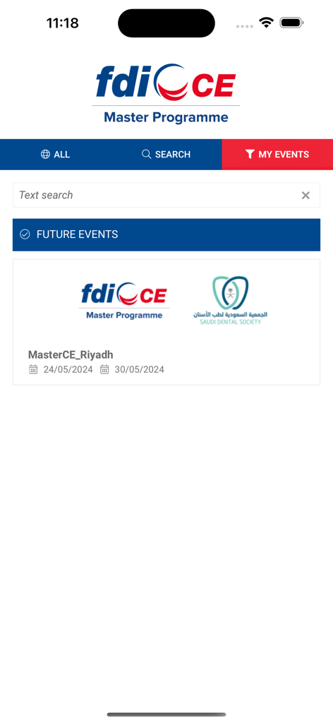 FDI Master CE Programme - Capture d'écran de l'application Programme Master CE de la FDI montrant un écran de recherche pour les futurs événements de formation continue dentaire, y compris un événement Master CE à Riyad en collaboration avec la Saudi Dental Society.