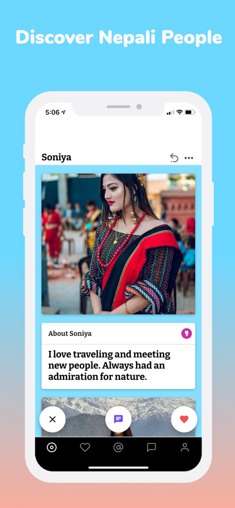 Mooche - Modern Nepali Dating - A profile screen on the Mooche dating app for Nepali singles showing a woman in traditional attire