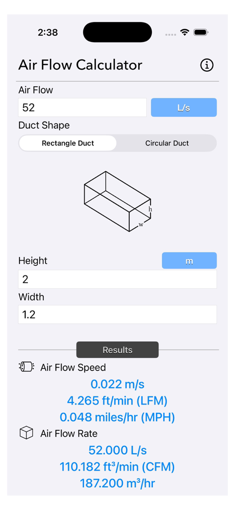 Air Flow Conversion Calculator - Air Flow Conversion Calculator app interface showing rectangular duct dimensions and conversion results