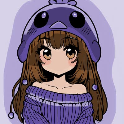 anime girl with chick shaped hat with sweater with bare shoulders with bangs covering them one eye with low tail