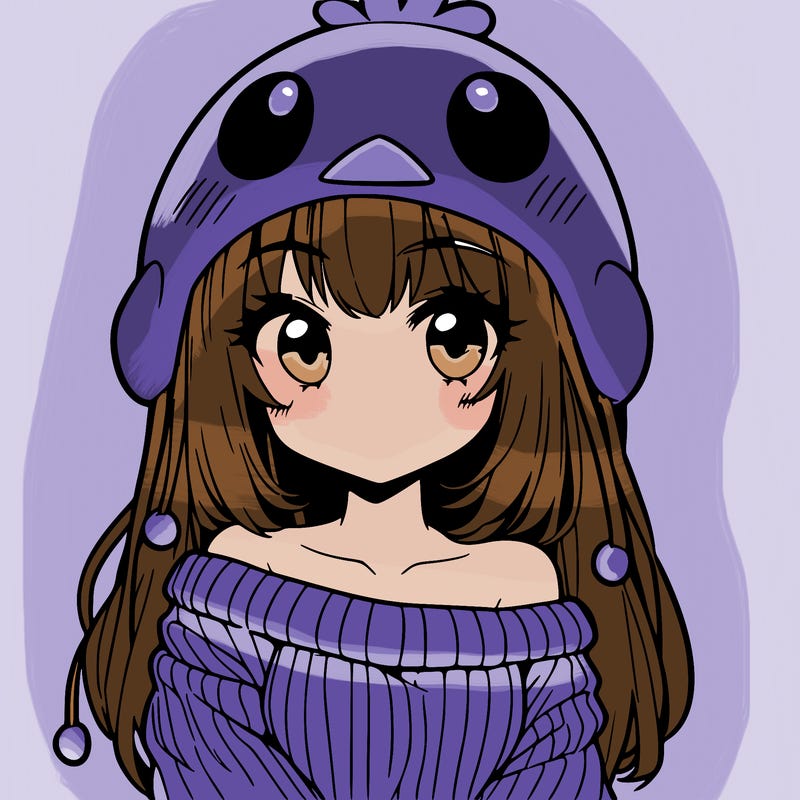 anime girl with chick shaped hat with sweater with bare shoulders with bangs covering them one eye with low tail