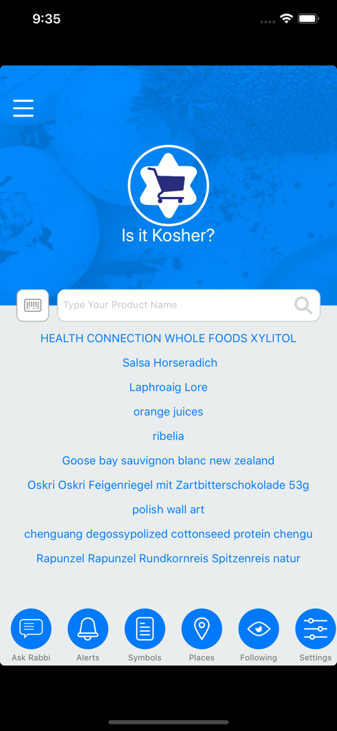 Is it Kosher? - Interface of the Is it Kosher app featuring a product search bar and shopping cart logo
