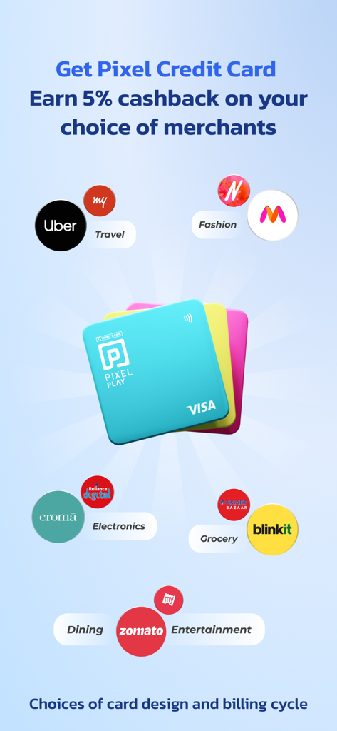 Promotional graphic for the HDFC PayZapp Pixel Credit Card highlighting 5% cashback across merchant categories like travel, fashion, electronics, and dining.