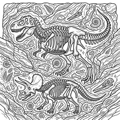 Journey back to the age of dinosaurs with this captivating coloring page featuring magnificent fossil skeletons. Bring to life the preserved remains of a T-Rex and Triceratops, surrounded by ancient geological wonders.