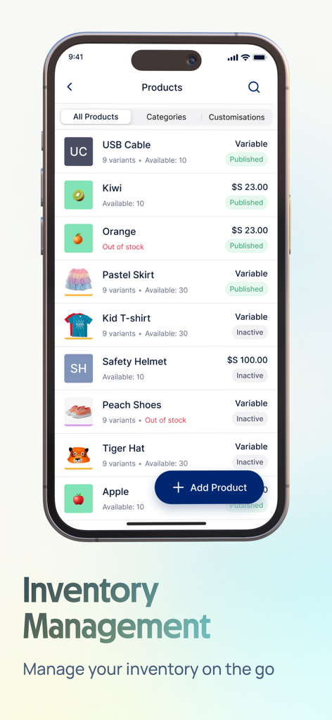 HitPay - 在庫管理と商品在庫レベルを表示するHitPayモバイルアプリ画面