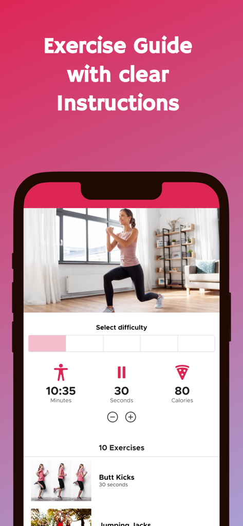 Workout Plan For Women - Interfaz de la aplicación Plan de Entrenamiento para Mujeres que muestra instrucciones de ejercicios para zancadas y un programa de entrenamiento con seguimiento de calorías
