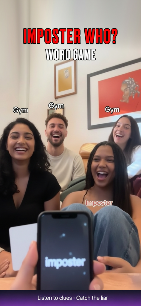 Imposter Party - Find the Liar - A group of laughing friends playing the Imposter Party social word game together