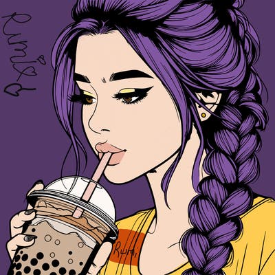 realistic girl drinking boba tea with braided hair