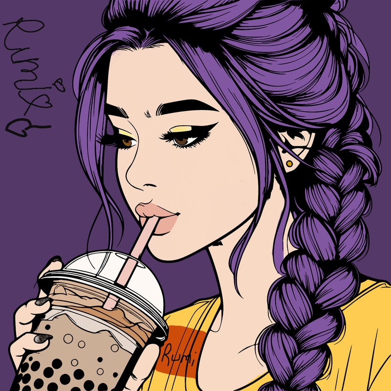 realistic girl drinking boba tea with braided hair