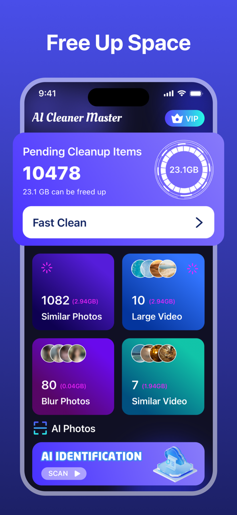 AI Cleaner Master - Panel de la aplicación AI Cleaner Master que muestra 23 GB de almacenamiento que se pueden liberar eliminando fotos similares y vídeos grandes