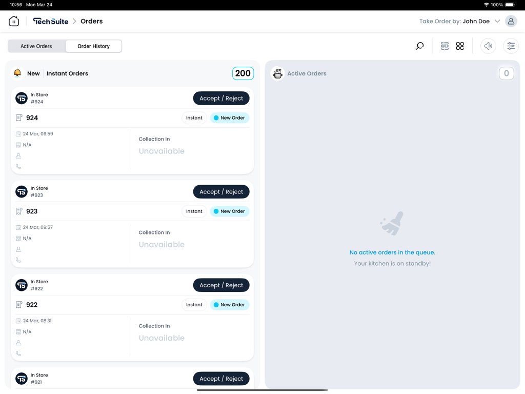 TechSuite iPad interface showing a list of new incoming restaurant orders and an empty active kitchen queue