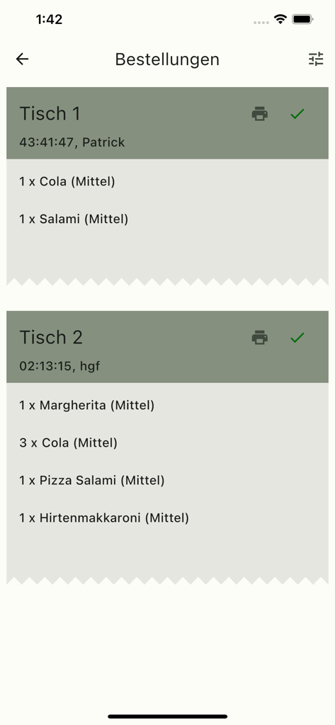 Order App – Mobile Ordering - Mobile screen showing a list of digital food and drink orders for different tables in a restaurant app.