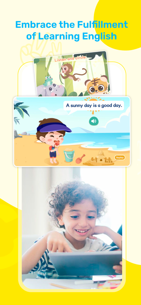 51Talk - 51Talkアプリを使用してインタラクティブな英語レッスンを受けている、笑顔の子供