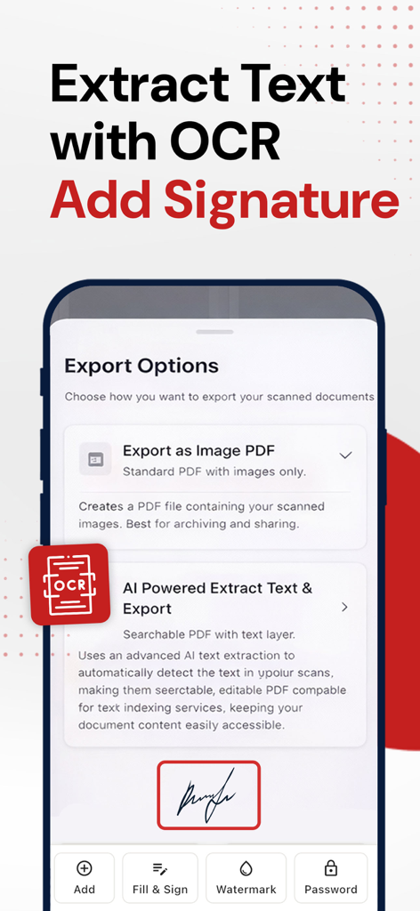 Mobile app screen showing AI-powered OCR text extraction and digital signature options in myPDF