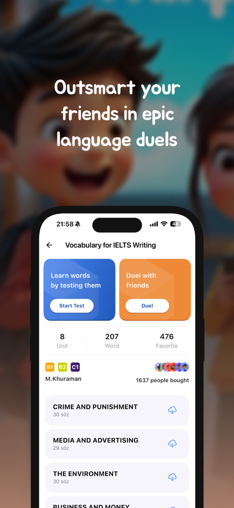 VocsApp - Pantalla móvil de VocsApp que muestra unidades de vocabulario de escritura IELTS y opciones para duelos de idiomas con amigos.