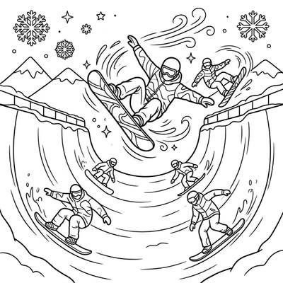 Get ready for some extreme winter fun with our exciting Halfpipe Snowboarders coloring page! Watch as these daring athletes catch big air and perform cool tricks, waiting for your creative colors to bring their snowy world to life.