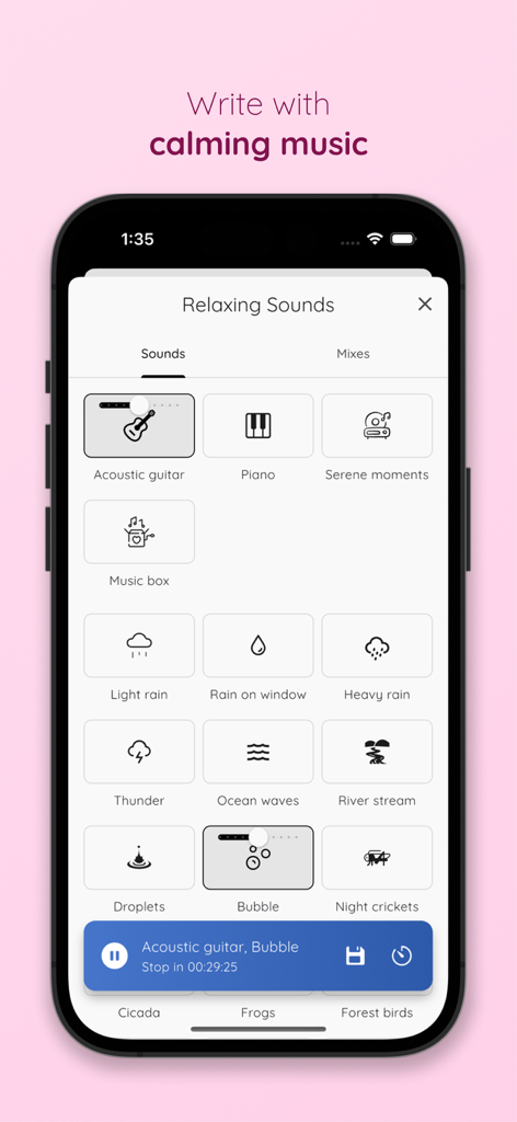 StoryPad: My Diary Journal - StoryPad app interface showing a menu of relaxing sounds like rain and piano to listen to while journaling.