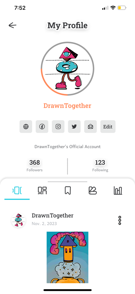 DrawnTogether - DrawnTogether app user profile page showing followers and a collaborative character avatar.