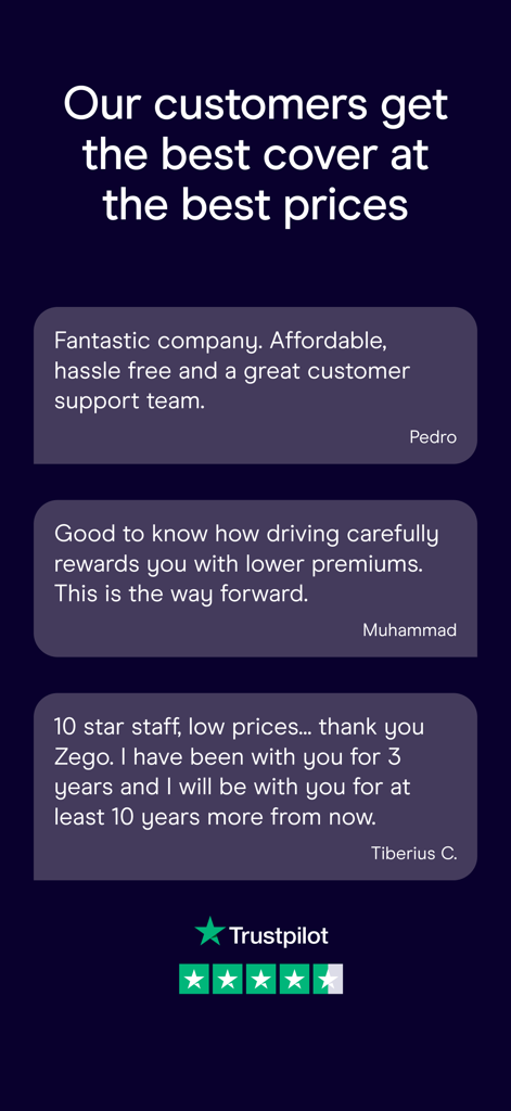 Zego Sense - Customer testimonials and Trustpilot rating for Zego Sense insurance app