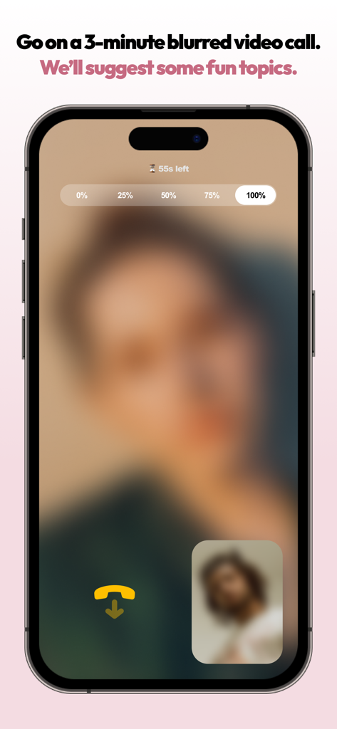 A smartphone screen displaying a three minute blurred video call on the Blindlee dating app with a countdown timer and blur percentage controls.