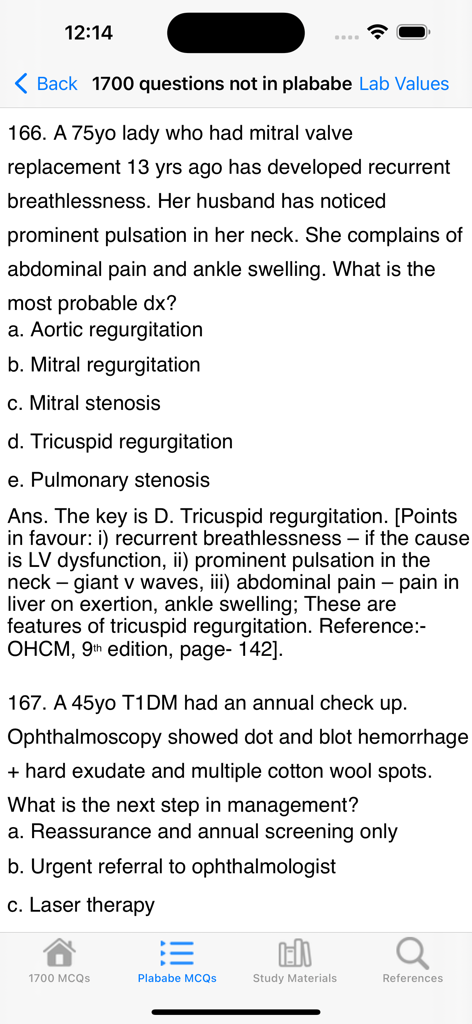 Mobile app interface displaying medical multiple choice questions and detailed explanations for PLAB exam preparation