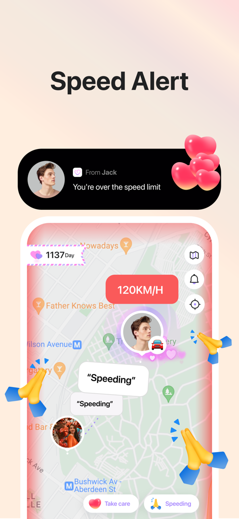 Fonctionnalité d'alerte de vitesse de l'application Love8 montrant la localisation en temps réel et la vitesse de conduite du partenaire sur une carte
