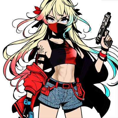 bad girl wearing crop top holding a gun long hair anime