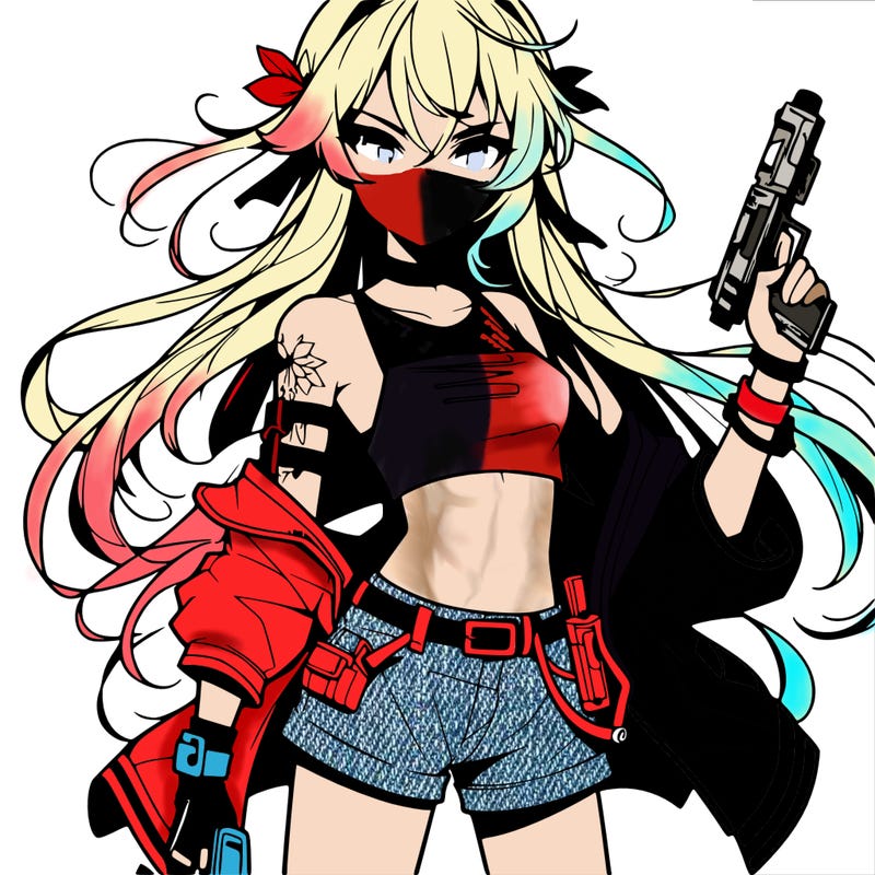 bad girl wearing crop top holding a gun long hair anime