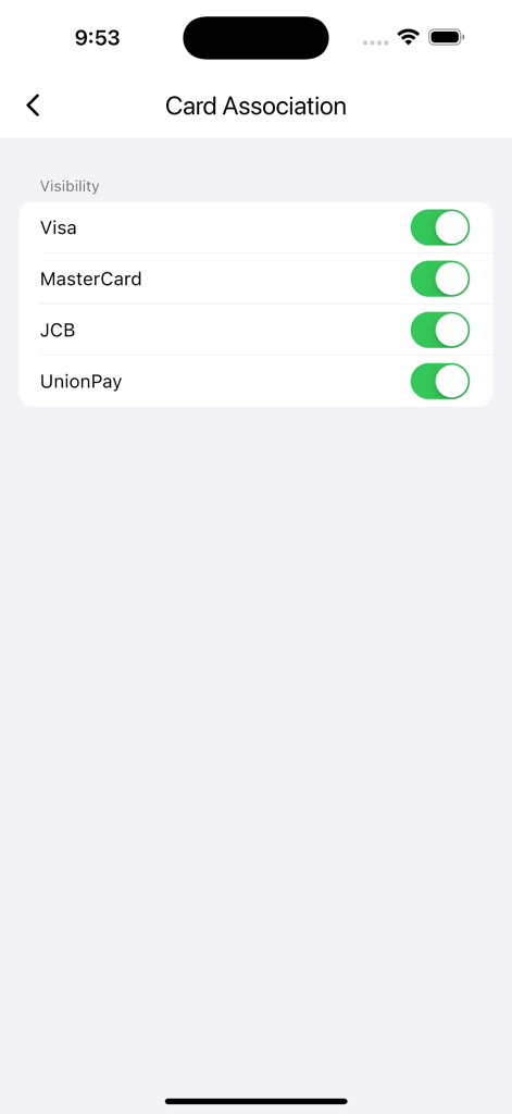 Visa, MasterCard, JCB 및 UnionPay 카드 연관 설정을 위한 토글 스위치를 보여주는 앱 설정 화면