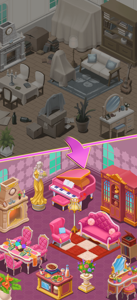 Before and after comparison of a room renovation from a messy storage space to a decorated pink living room