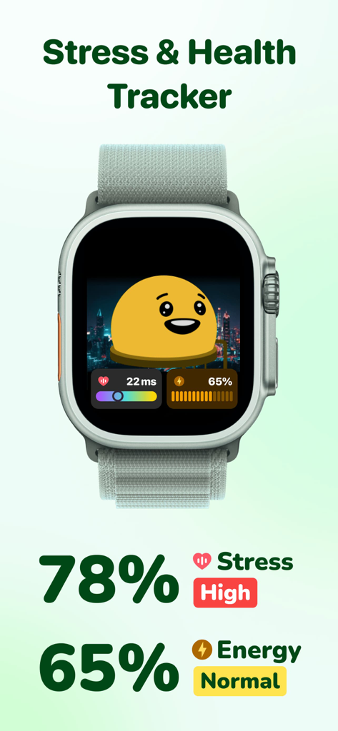 Stress Monitor - Moodpress - Apple Watch displaying high stress and normal energy levels in the Moodpress app