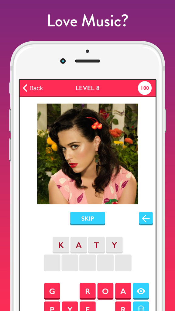 Guess The Music Artist - Free Quiz Game About Singers And Bands - Mobile game interface of Guess The Music Artist showing a trivia level featuring Katy Perry