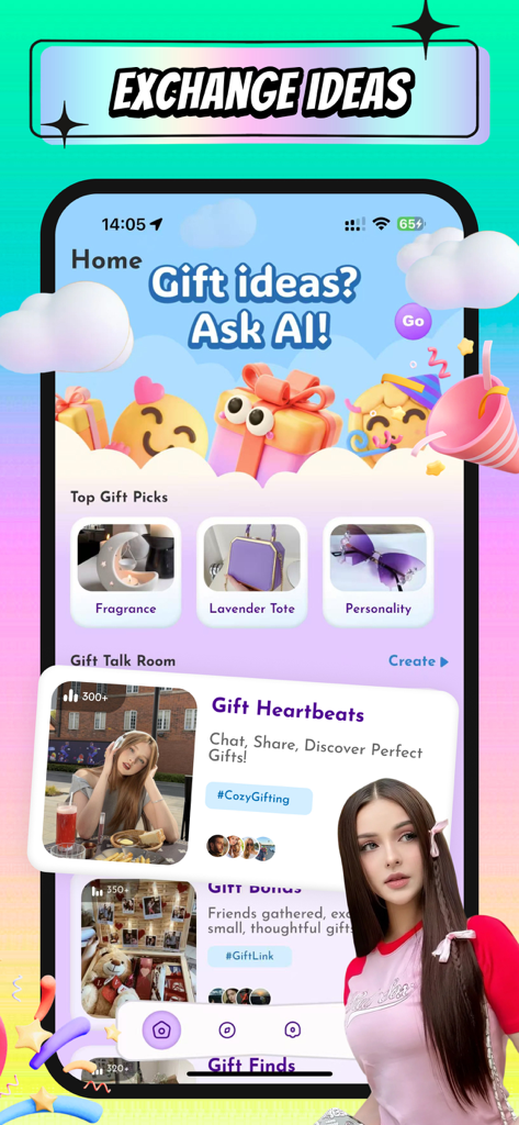 Glifa app home screen with AI gift suggestions and social talk rooms