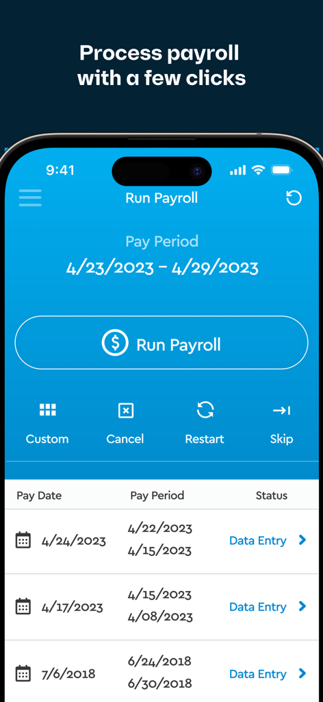 Fingercheck Mobile app interface showing the run payroll screen for small business administrators