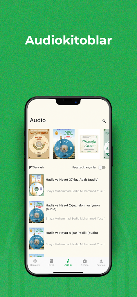 Interface of Hilol eBook app showing a collection of Islamic audiobooks in Uzbek.