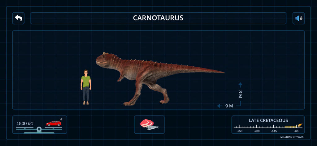 Dinosaur & Prehistoric Animal - 4DKid Explorer 앱에서 카르노타우루스 공룡의 크기와 무게를 사람 및 자동차와 비교하는 교육용 사실 시트